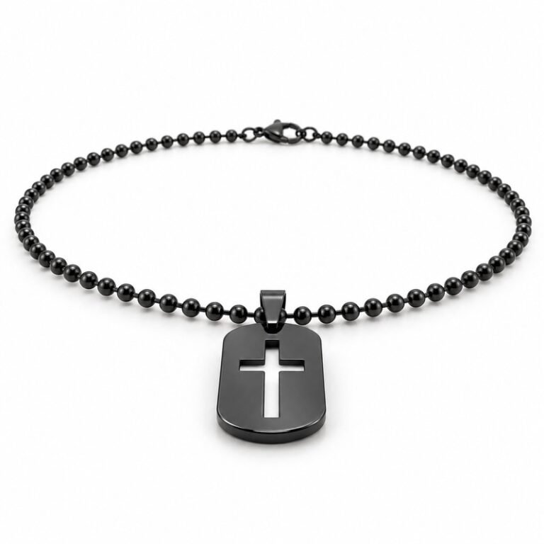 mens black Stainless Steel cross cutout dog tag necklace, at a 45-degree angle on white