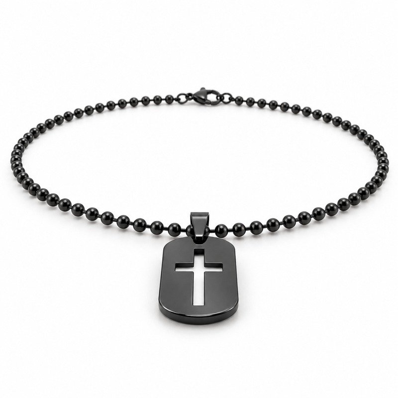 mens black Stainless Steel cross cutout dog tag necklace, at a 45-degree angle on white