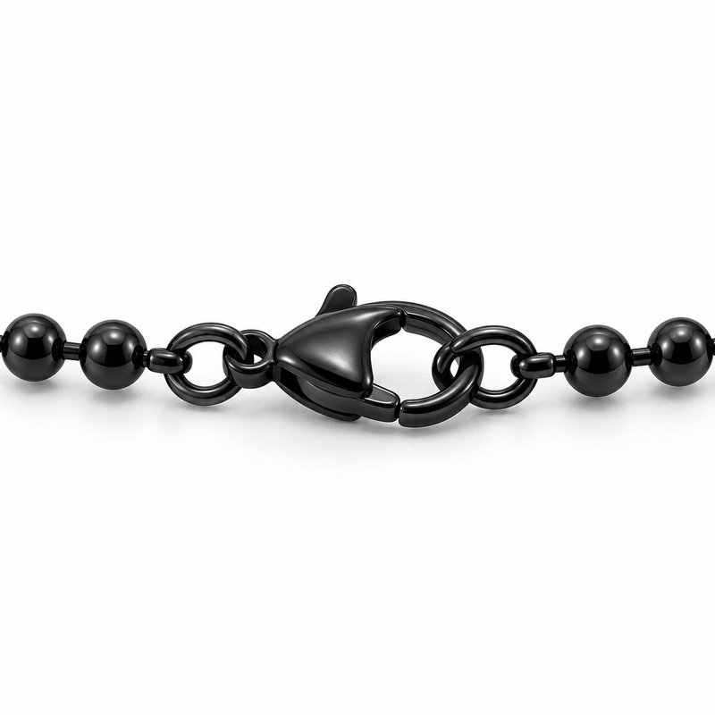 Black Stainless Steel ball-chain necklace rear lobster clasp and connecting ring structure close-up on white background