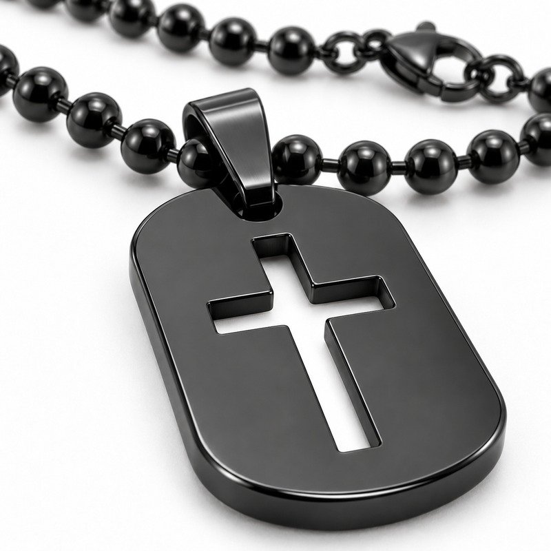 mens black Stainless Steel cross cutout dog tag necklace, material and craftsmanship close-up