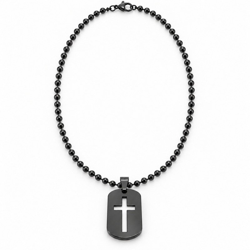 mens black Stainless Steel cross cutout dog tag necklace, front view on white