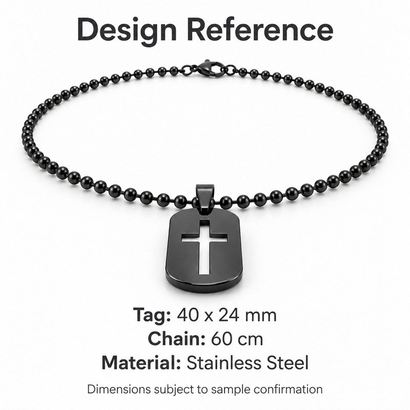 mens black Stainless Steel cross cutout dog tag necklace, design reference dimensions and material specifications