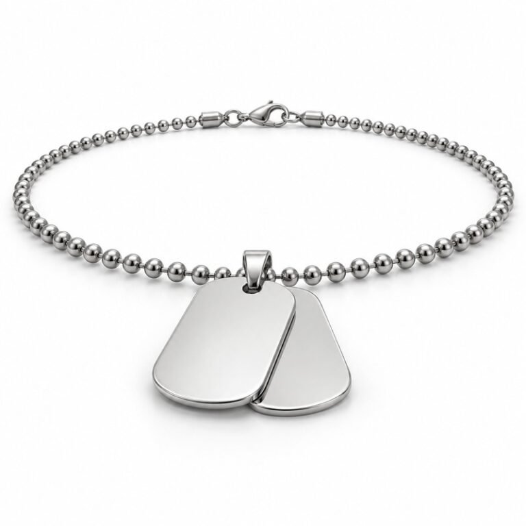 mens silver Stainless Steel double dog tag necklace, at a 45-degree angle on white