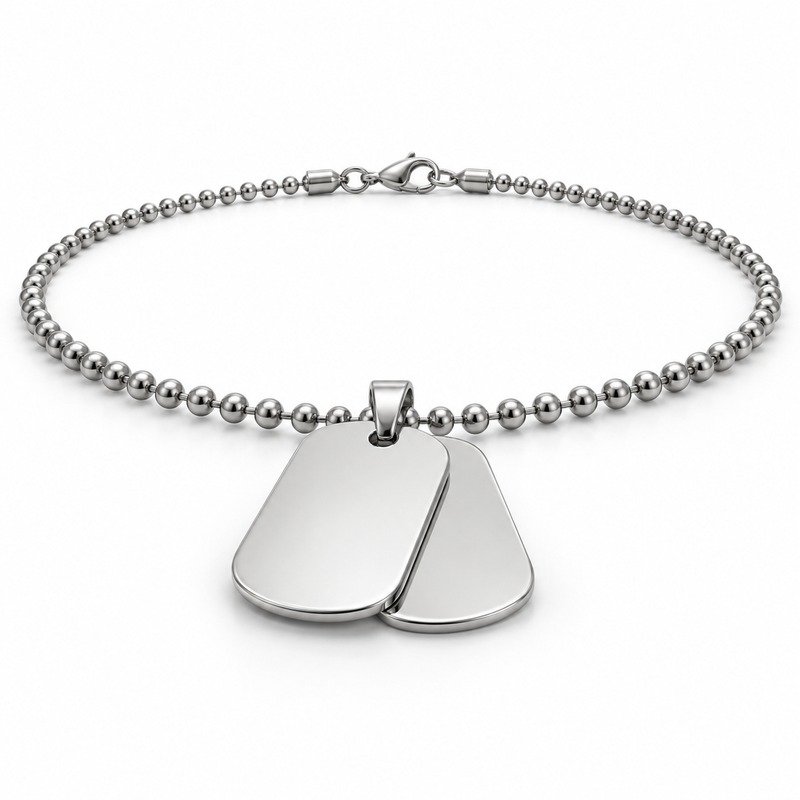 mens silver Stainless Steel double dog tag necklace, at a 45-degree angle on white