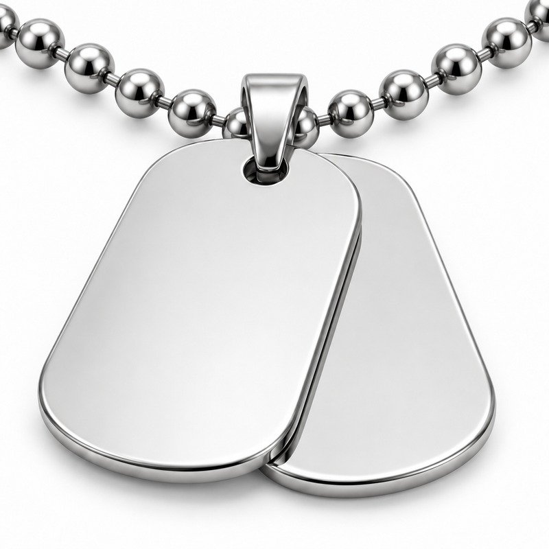 mens silver Stainless Steel double dog tag necklace, reverse side and connection structure on white
