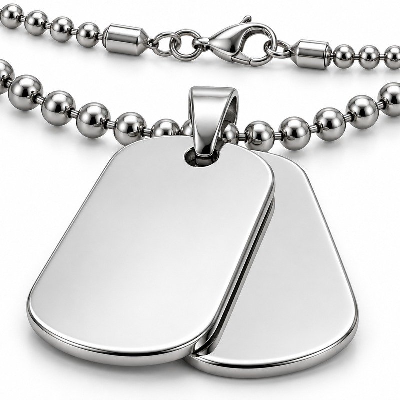 mens silver Stainless Steel double dog tag necklace, material and craftsmanship close-up