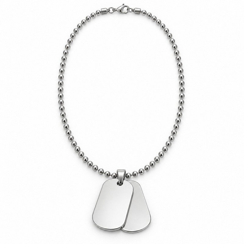 mens silver Stainless Steel double dog tag necklace, front view on white