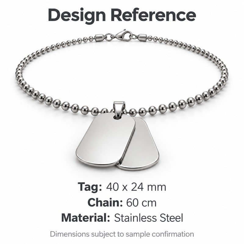 mens silver Stainless Steel double dog tag necklace, design reference dimensions and material specifications