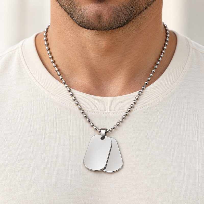 mens silver Stainless Steel double dog tag necklace, worn by an adult model
