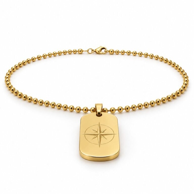 mens gold Stainless Steel compass dog tag necklace, at a 45-degree angle on white