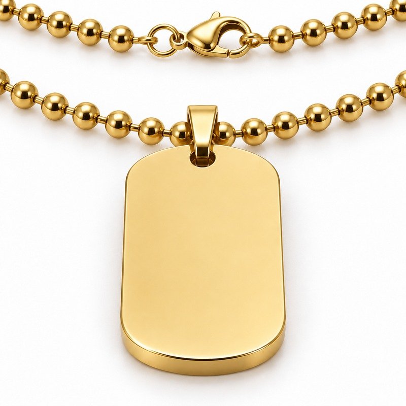 mens gold Stainless Steel compass dog tag necklace, reverse side and connection structure on white
