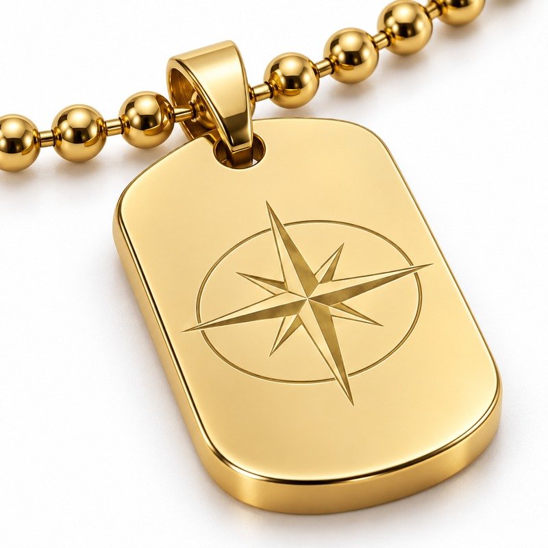 mens gold Stainless Steel compass dog tag necklace, material and craftsmanship close-up