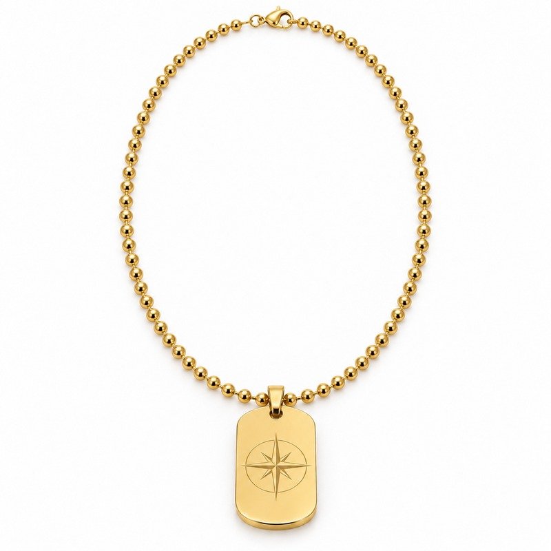 mens gold Stainless Steel compass dog tag necklace, front view on white