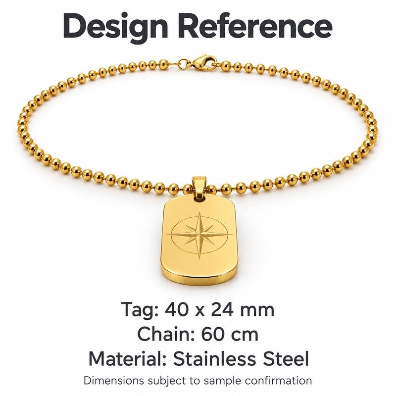 mens gold Stainless Steel compass dog tag necklace, design reference dimensions and material specifications