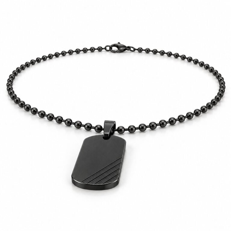 mens black Stainless Steel ridged dog tag necklace, at a 45-degree angle on white
