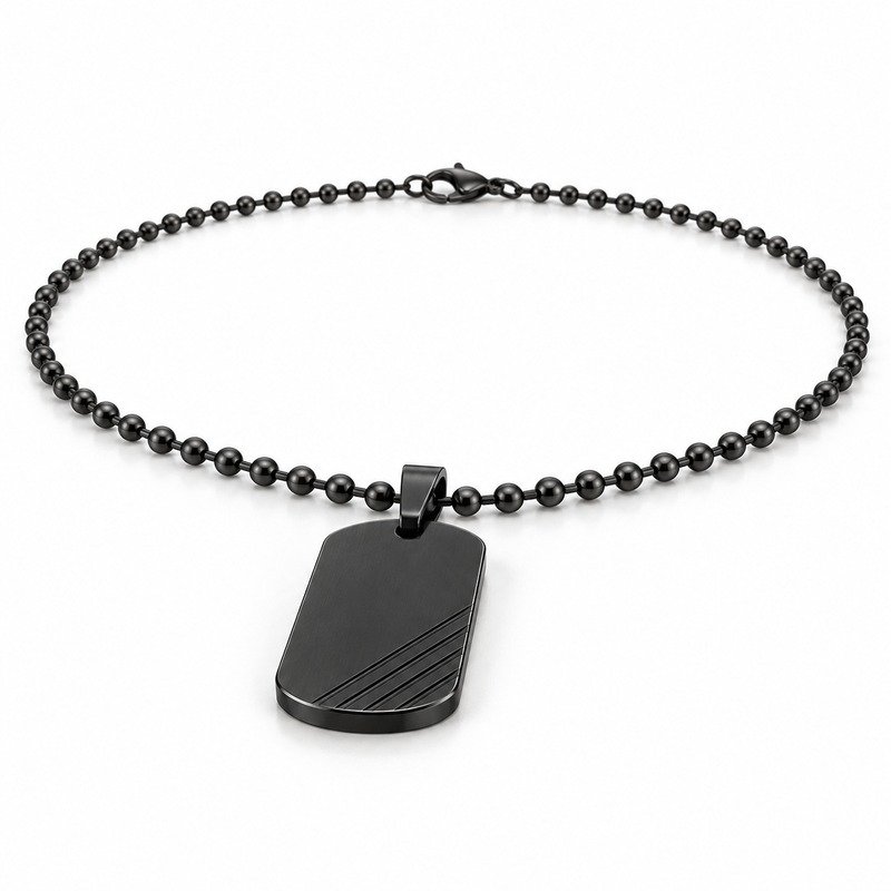 mens black Stainless Steel ridged dog tag necklace, at a 45-degree angle on white