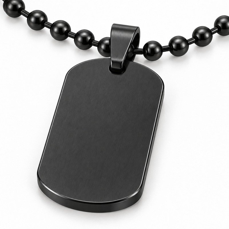 mens black Stainless Steel ridged dog tag necklace, reverse side and connection structure on white
