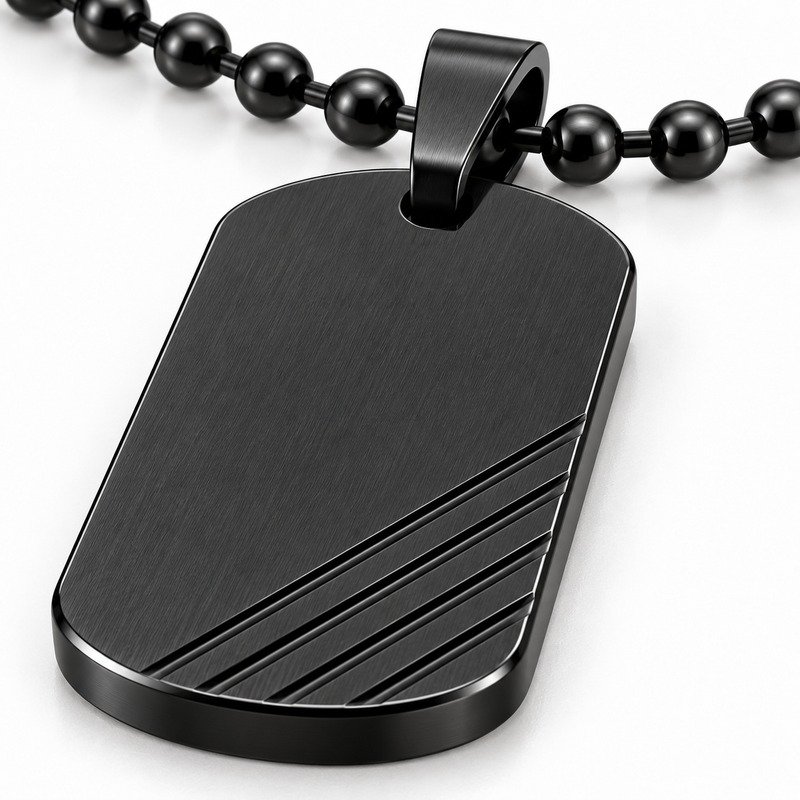 mens black Stainless Steel ridged dog tag necklace, material and craftsmanship close-up