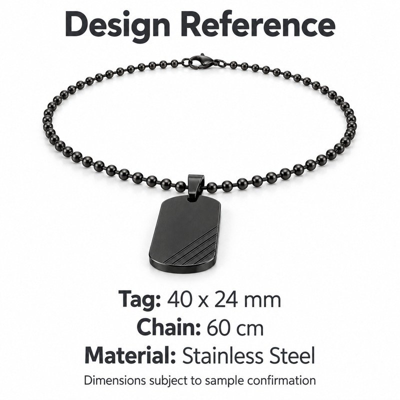 mens black Stainless Steel ridged dog tag necklace, design reference dimensions and material specifications