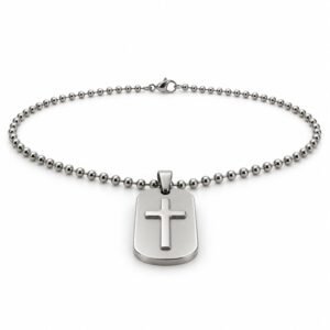Men’s Silver Stainless Steel Cross Relief Dog Tag Necklace