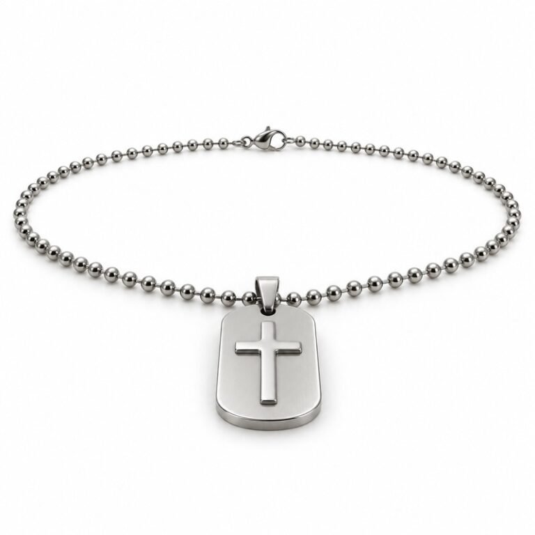 mens silver Stainless Steel cross relief dog tag necklace, at a 45-degree angle on white