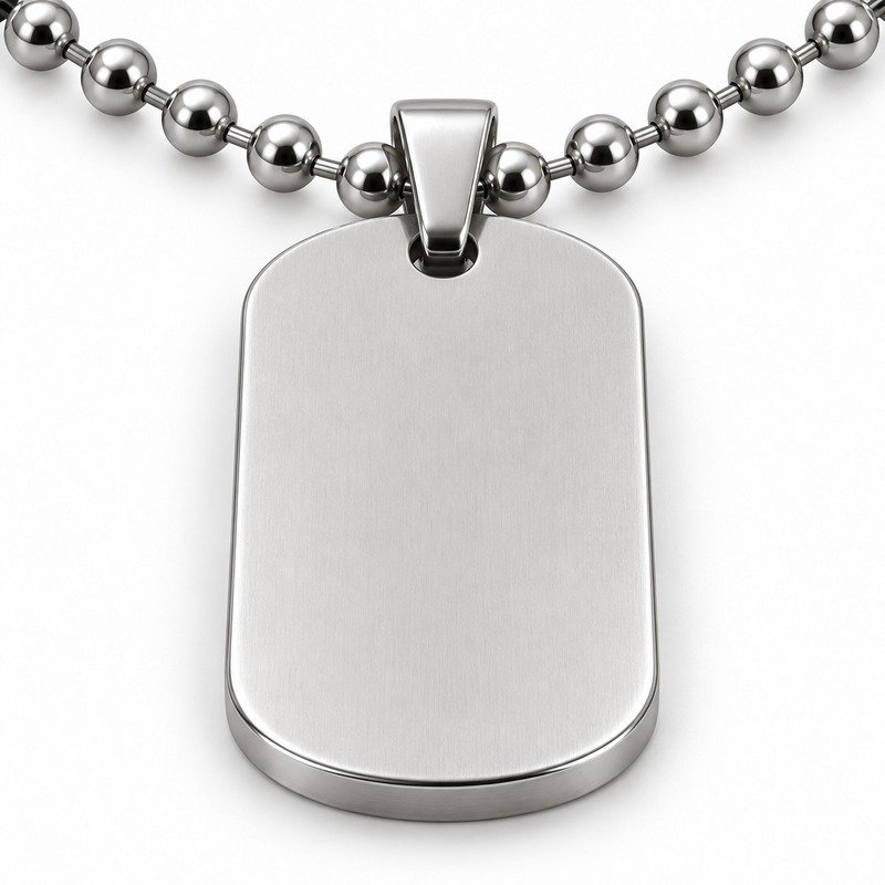 mens silver Stainless Steel cross relief dog tag necklace, reverse side and connection structure on white