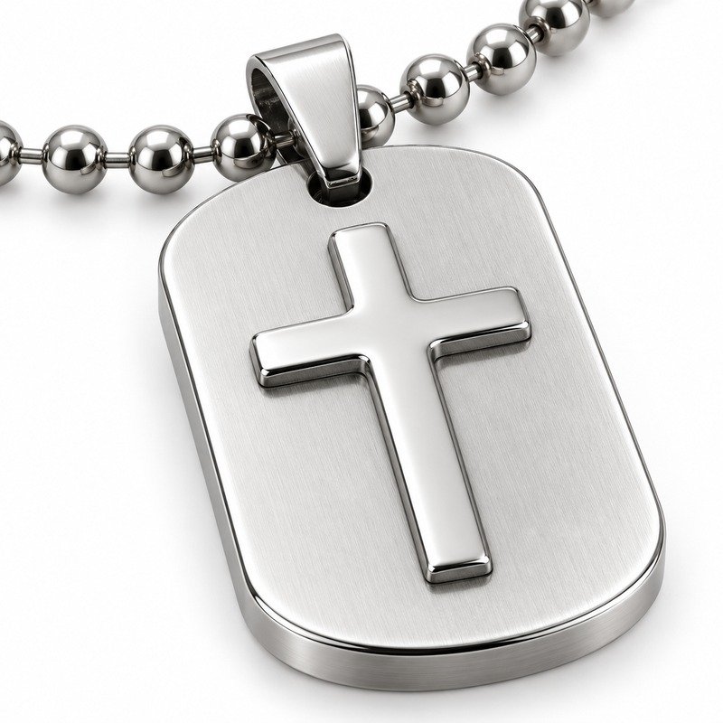 mens silver Stainless Steel cross relief dog tag necklace, material and craftsmanship close-up
