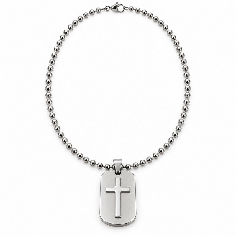 mens silver Stainless Steel cross relief dog tag necklace, front view on white