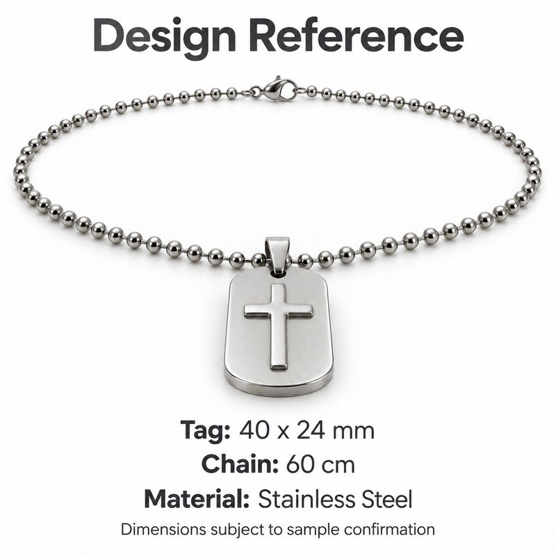 mens silver Stainless Steel cross relief dog tag necklace, design reference dimensions and material specifications