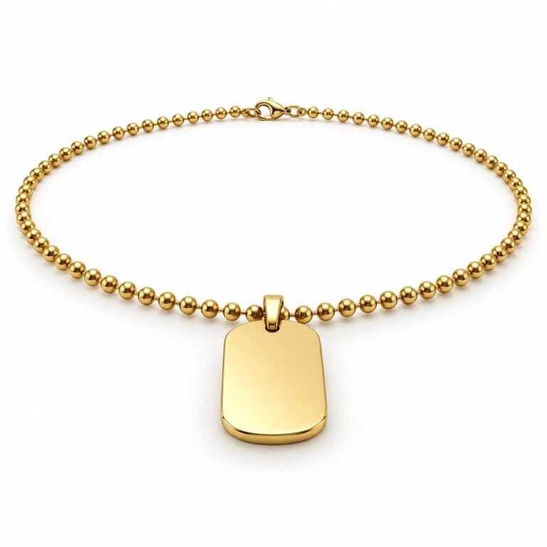 mens gold Stainless Steel oval dog tag necklace, at a 45-degree angle on white
