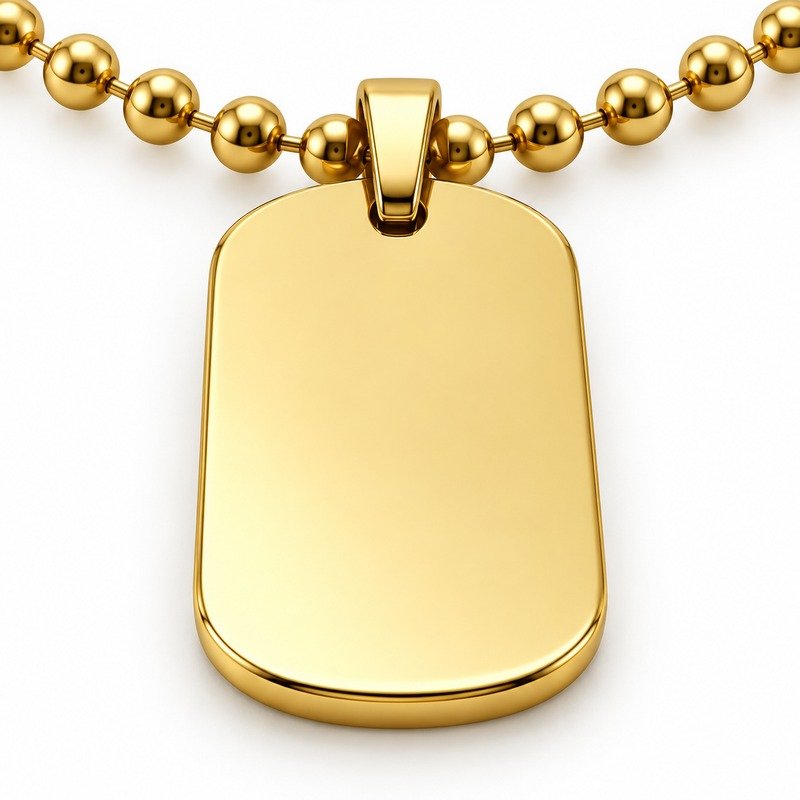 mens gold Stainless Steel oval dog tag necklace, reverse side and connection structure on white
