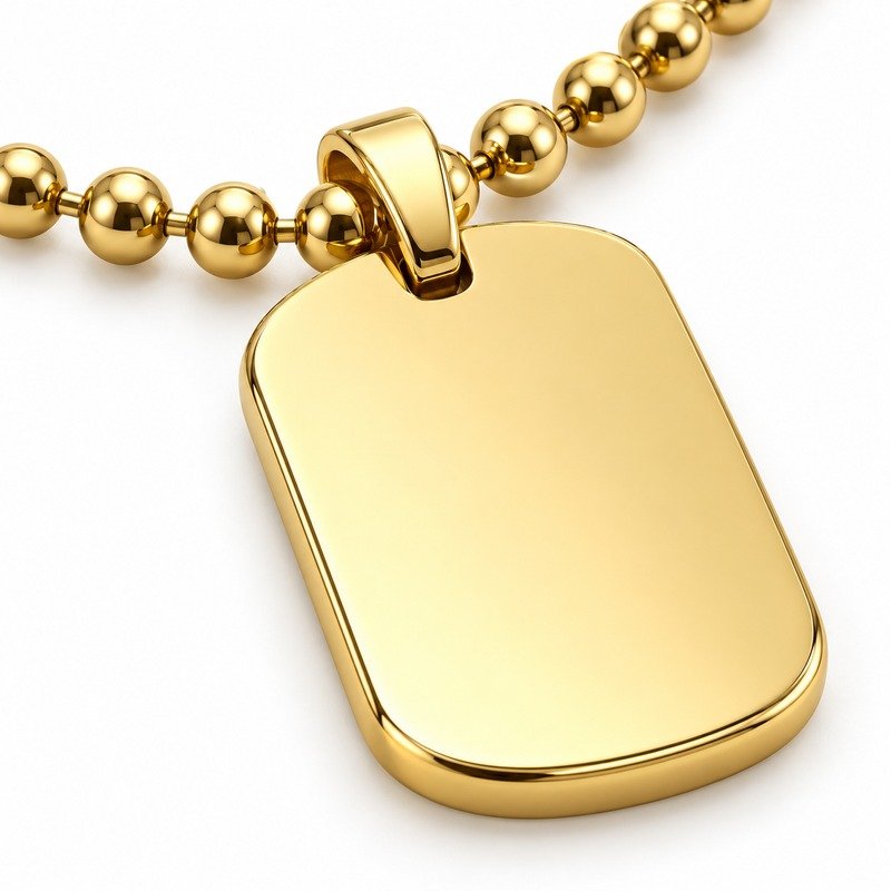 mens gold Stainless Steel oval dog tag necklace, material and craftsmanship close-up