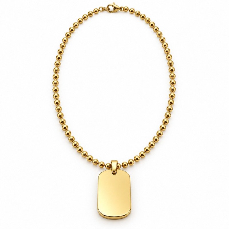 mens gold Stainless Steel oval dog tag necklace, front view on white