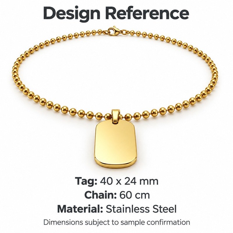 mens gold Stainless Steel oval dog tag necklace, design reference dimensions and material specifications