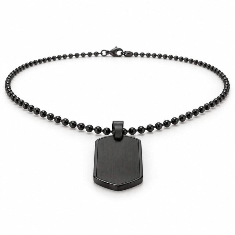 mens black Stainless Steel shield dog tag necklace, at a 45-degree angle on white