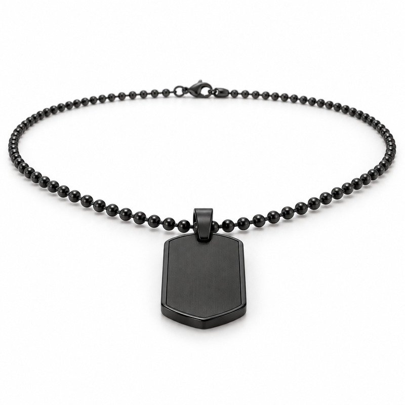 mens black Stainless Steel shield dog tag necklace, at a 45-degree angle on white