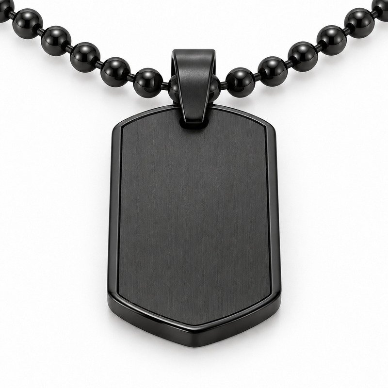 mens black Stainless Steel shield dog tag necklace, reverse side and connection structure on white
