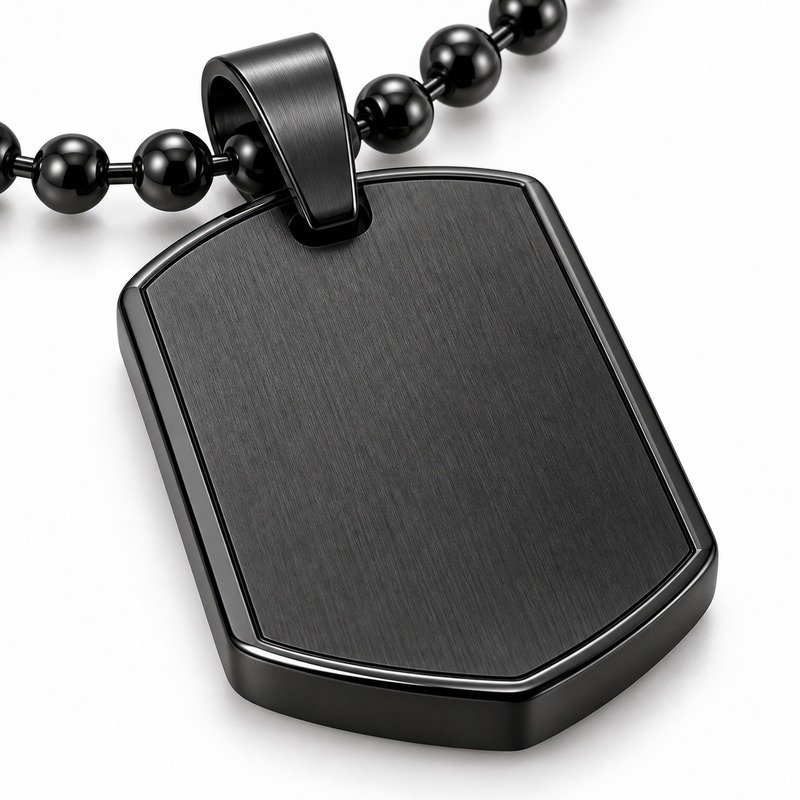 mens black Stainless Steel shield dog tag necklace, material and craftsmanship close-up