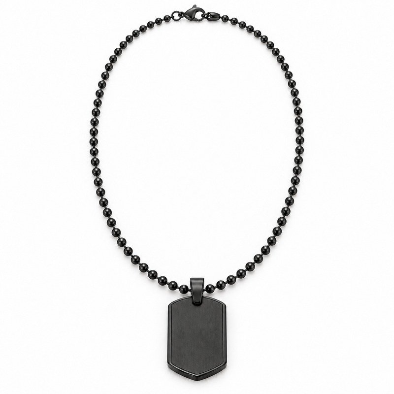 mens black Stainless Steel shield dog tag necklace, front view on white