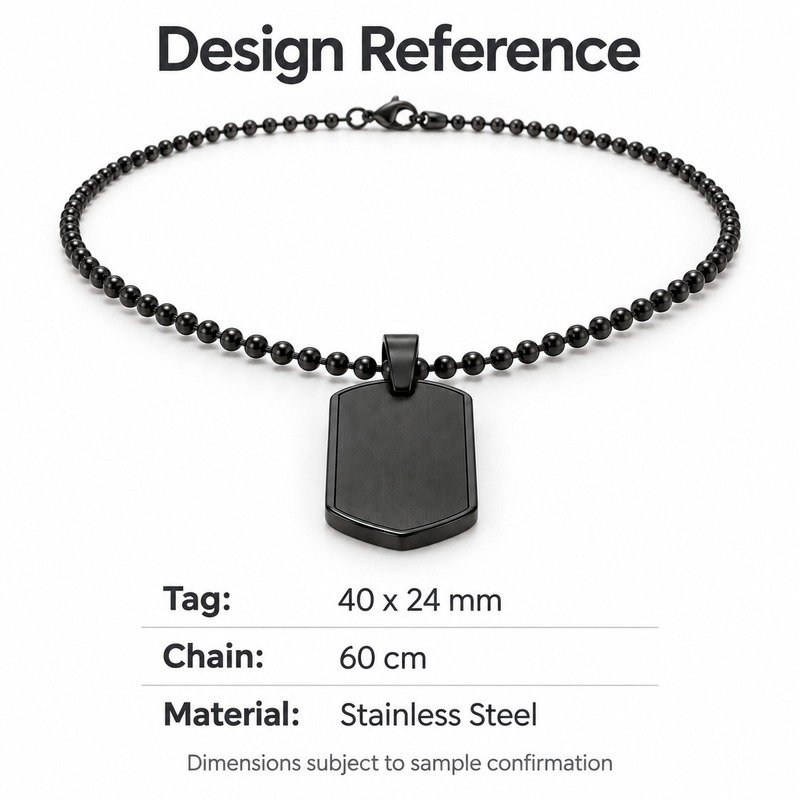 mens black Stainless Steel shield dog tag necklace, design reference dimensions and material specifications