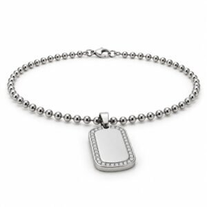 Men’s Silver Stainless Steel Crystal Border Dog Tag Necklace