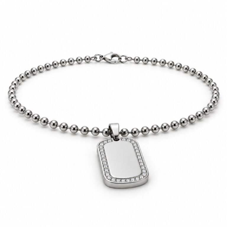 mens silver Stainless Steel crystal border dog tag necklace, at a 45-degree angle on white