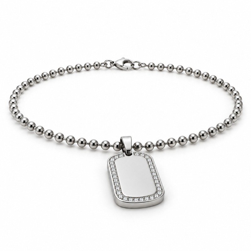 mens silver Stainless Steel crystal border dog tag necklace, at a 45-degree angle on white