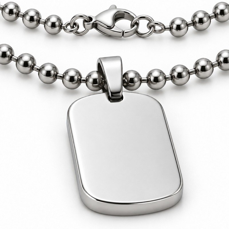 mens silver Stainless Steel crystal border dog tag necklace, reverse side and connection structure on white