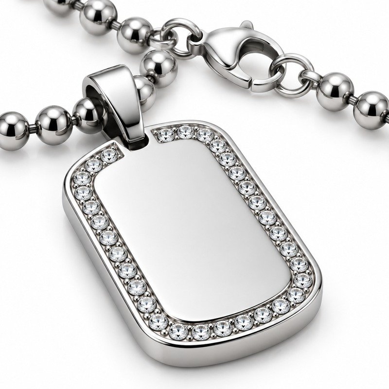 mens silver Stainless Steel crystal border dog tag necklace, material and craftsmanship close-up