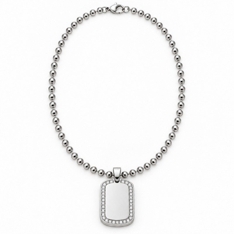 mens silver Stainless Steel crystal border dog tag necklace, front view on white