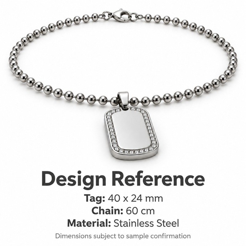 mens silver Stainless Steel crystal border dog tag necklace, design reference dimensions and material specifications
