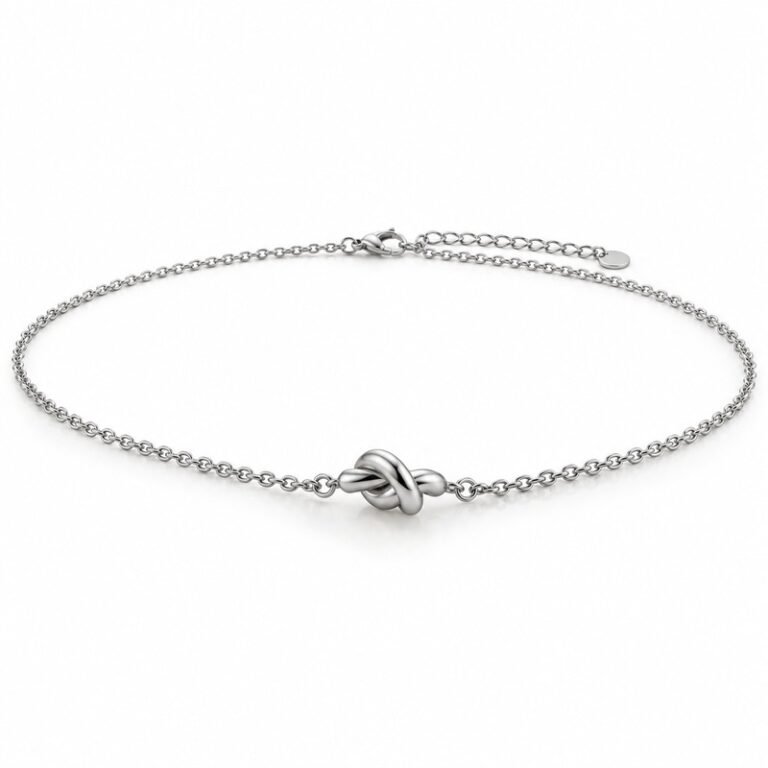 womens silver Stainless Steel knot necklace, at a 45-degree angle on white