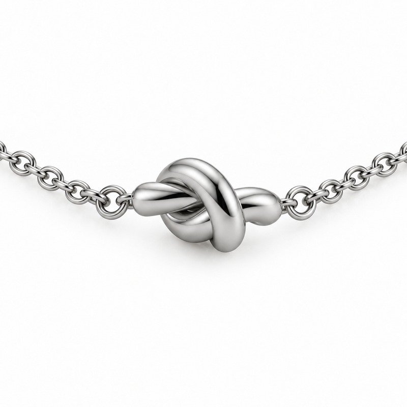 womens silver Stainless Steel knot necklace, reverse side and connection structure on white
