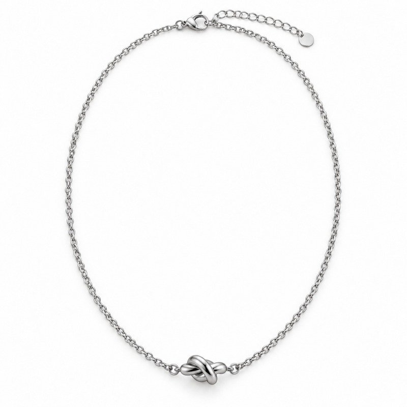 womens silver Stainless Steel knot necklace, front view on white